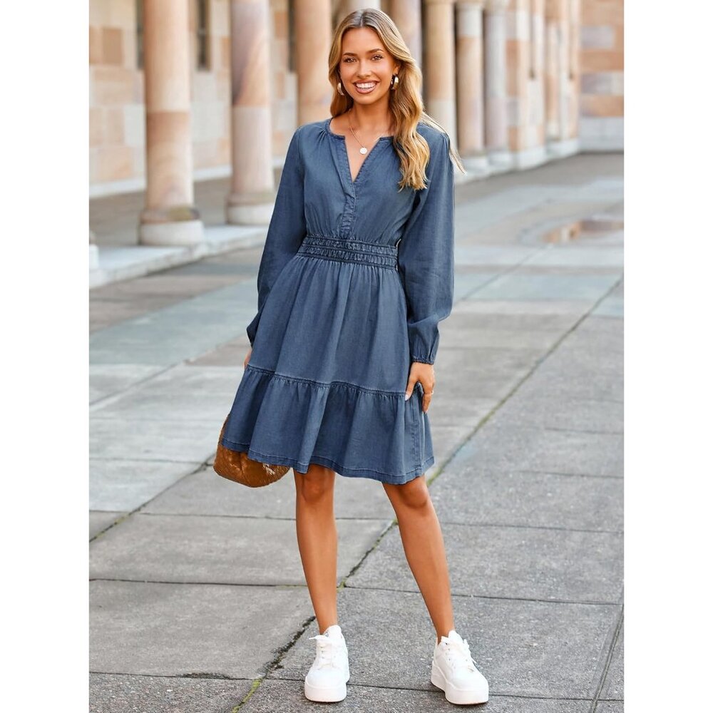Women's Denim Dress Casual Long Sleeve V Neck Flowy A Line Pockets - Picture 7 of 8